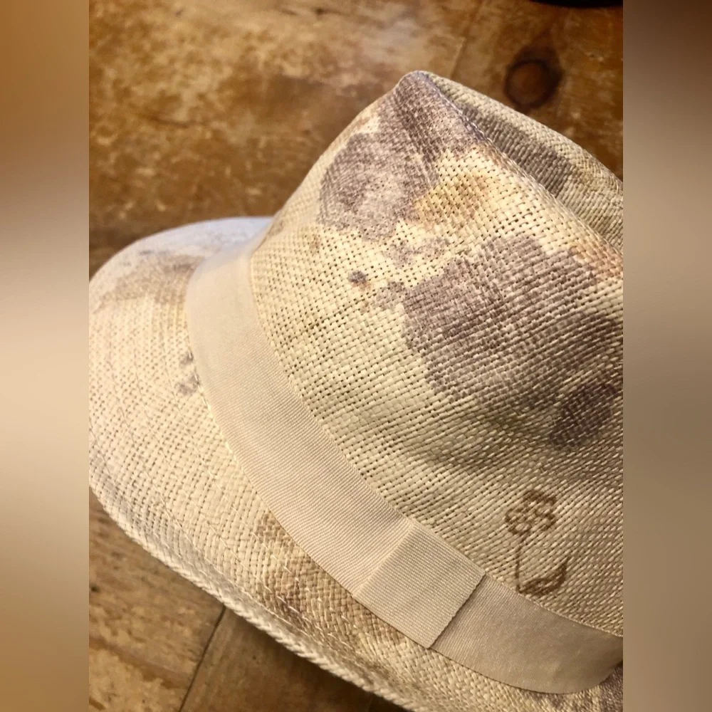 Mix It Women's Straw Fedora Hat in Cream and Light Brown Floral LIKE NEW